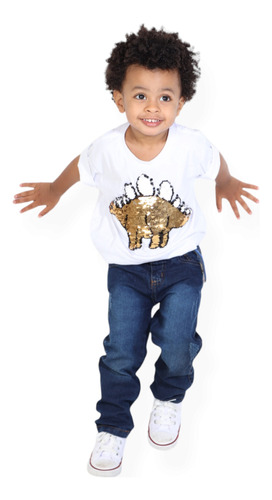 Camiseta Infantil Menino Dino Prata/dourado - Branca