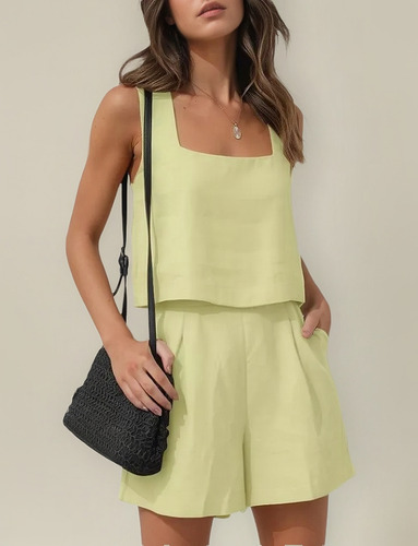 Conjunto Pantalones Cortos Lino Moda Informal Chaleco Mujer