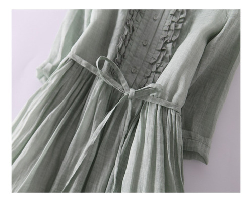 Vestido Vintage De Mujer Algodón Y Lino Con Cuello Redondo