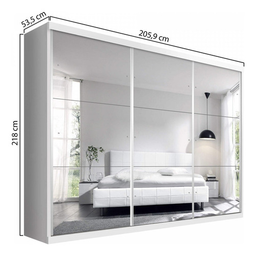 Guarda Roupa Casal Com Espelho 3 Portas De Correr 4 Dh Cor Branco
