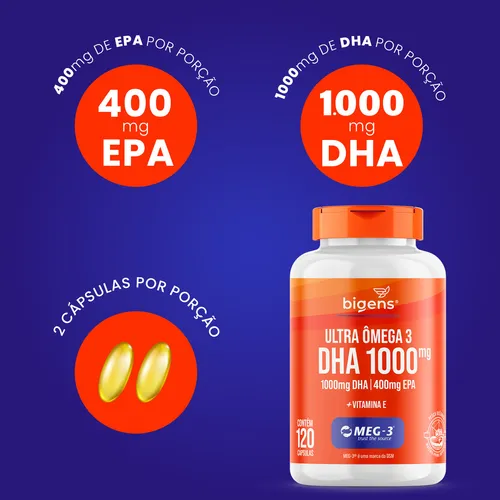 Ultra Omega 3 Meg-3® - DHA 1000 mg + EPA 400 mg - 120 cápsulas | Bigens