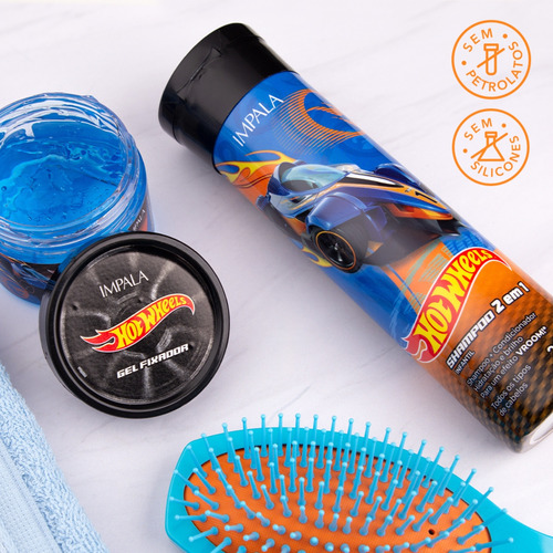 Kit Shampoo 2 Em 1 Gel Fixador Kids Hot Wheels Azul Impala