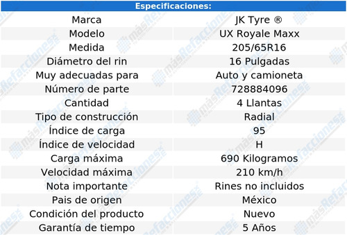 Kit De 4 Llantas 205/65r16 95h Jk Tyre Ux Royale Maxx