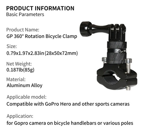 Soporte Manillar 360° Aluminio Bici Para Gopro 13 12 11 10 9 Negro