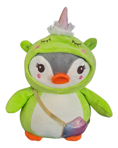 Peluche Pingüino Con Disfraz De Unicornio Verde Y Bolso 30cm