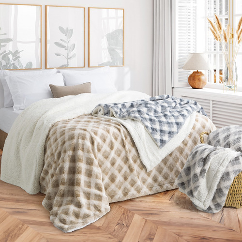 Frazada 2 1/2 Plaza Doble Corderito Super Abrigada Premium Color Berna Beige Diseño de la tela Lisa