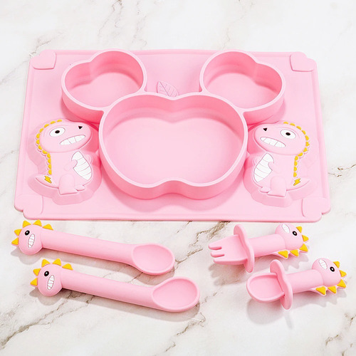 Imagen 3 de 3 de Set Plato De Silicona Dinosaurio Para Bebé Niños + Cubiertos