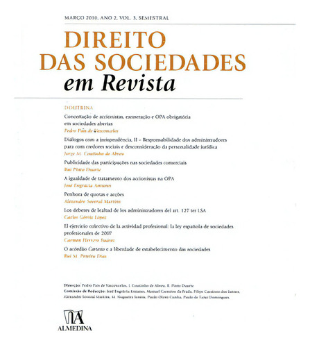 Direito Das Sociedades Em Revista: Ano 2 Vol.3, De Vasconcelos, Pedro Pais De E Outros., Vol. Na. Editora Almeidna, Capa Mole Em Português, 2010