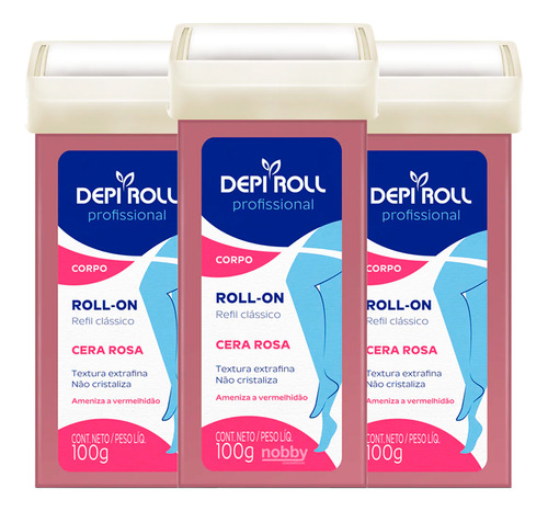 Kit 3 Cera Roll-on Rosa Depiroll 100g Refil Tampa Fixa