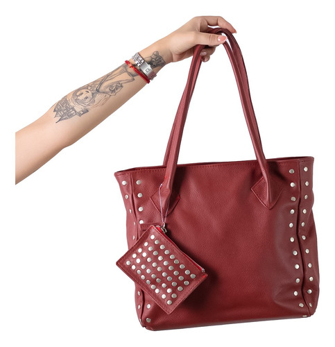 Cartera De Cuero Vacuno Graneado 100% De Mujer Roja Bordo  