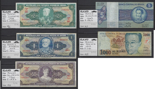 B139 Lote X 5 Billetes Brasil Varios En Buen Estado. Ver