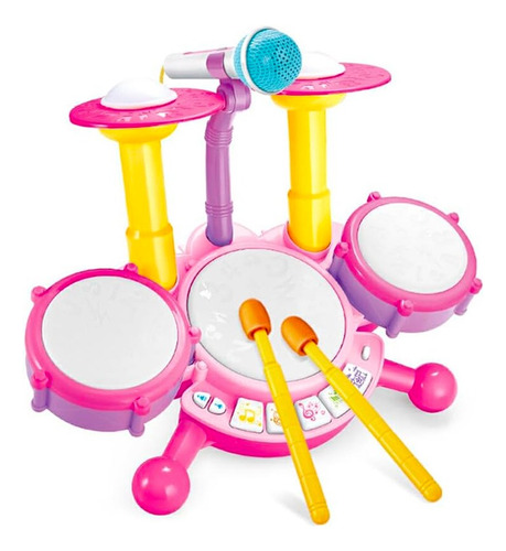 Juguete Batería Musical Micrófono Luces Y Sonido Bebes Niños Color Rosa