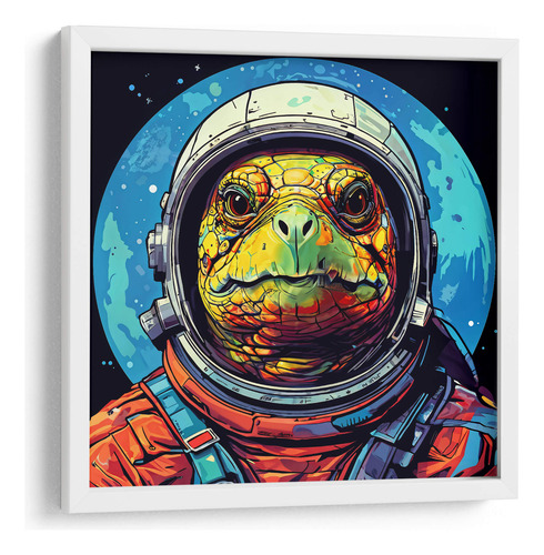 Cuadro Enmarcado Blanco Tortuga Astronauta Pop Art 30x30
