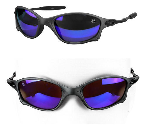 Oculos Sol Azul Preto Praia Lupa Metal Proteção Uv + Case