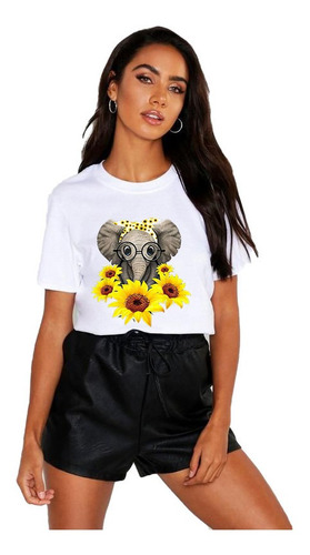 Polera Dama Estampada 100%algodon Diseño Elefante Girasol