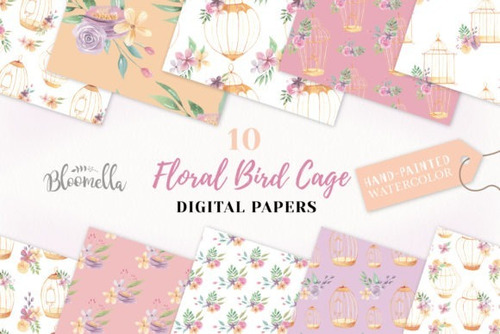 Kit De Papel Digital Boho Flores Jaulas Acuarela 1075365