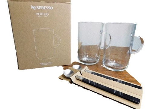 2 Tazas Cristal Vertuo Mug Alto 590 Ml Nespresso + Cucharas