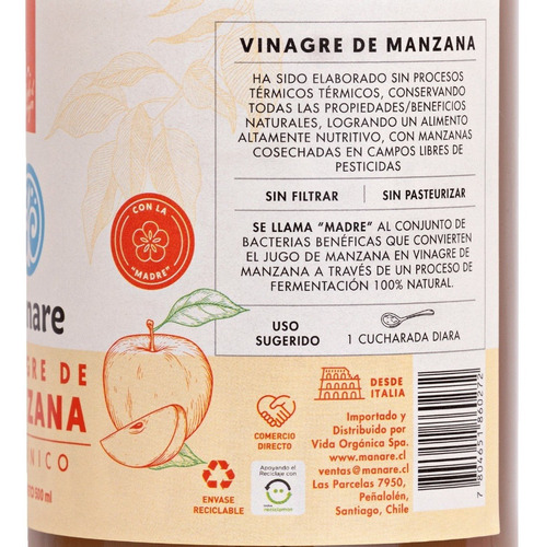 Imagen 2 de 3 de Vinagre De Manzana Orgánico 500 Ml