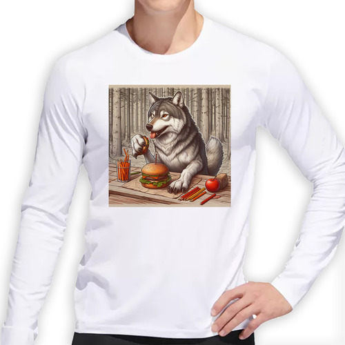 Remera Hombre Ml Lobo En El Bosque Seco Comiendo Burga