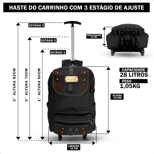 Mochila Rodinha Escolar Dilinx Masculina Lona Resistente