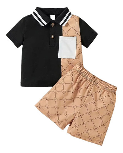 Conjunto Para Bebé Niño Camisa Estampada Y Pantalón Corto Café 9-12 M