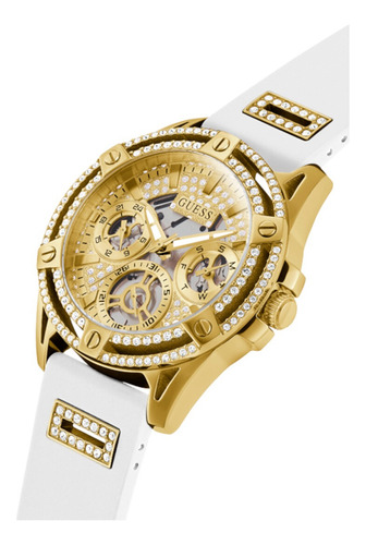 Reloj Pulsera Guess Gw0536l2 Con Correa De Silicona Color Blanco - Fondo Dorado