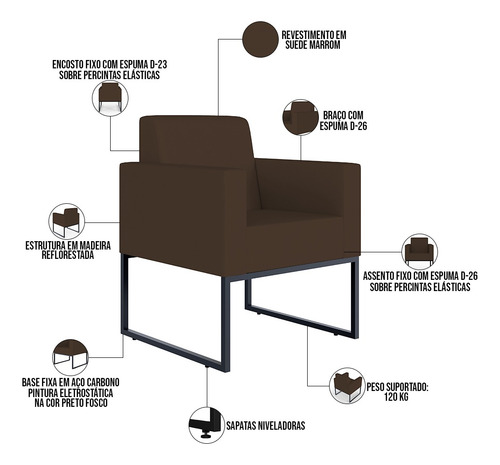 Kit 02 Poltronas Decorativas Sala e Recepção Base Fixa de Metal Helô L02 Suede Marrom