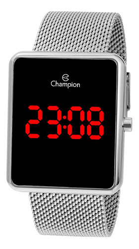 Relógio de pulso Champion Digital CH40080 com corpo prata,  digital, para feminino, fundo  preto, com correia de aço cor prata, subdials de cor vermelho, ponteiro de minutos/segundos vermelho, bisel cor prata e fivela de gancho