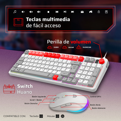 Combo Gamer 2 En 1 Alámbrico Squad Conquest Kg515 Alámbrico Mouse Blanco Teclado Blanco