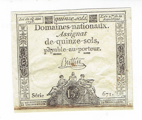 Billete De Francia, 1793, 15 Soles, Buttin.  Jp