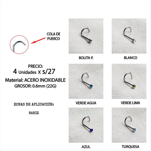 Piercing 4 Pcs Acero Nariz Piedra Nostril Colores V1 Mr.bou