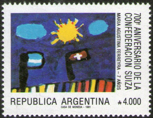 Argentina Sello Mint 700° Aniv. Confederación Suiza Año 1991