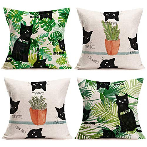 Pack De 4 Fundas De Almohada Gato Negro Y Plantas, 18x1...