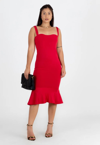 Vestido Alcinha Com Babado Vermelho Midi 