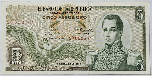 Billete 5 Pesos 01/may/1963 Colombia Xf