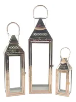 Comprar Set 3 Faroles Metalizados Y Puerta De Vidrio Porta Vela 