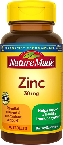 Nature Made Gluconato De Zinc 30 Mg (100 Tabletas) Hecho Usa Sabor Sin Sabor
