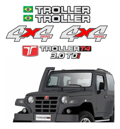 Kit Adesivos Emblema Troller T4 4x4 Diesel 3.0 Tdi 2011 Completo Carro Preto Trl09