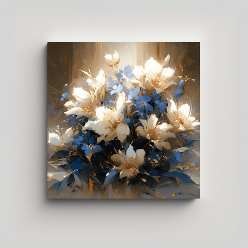 20x20cm Pintura De Flores Doradas Y Azules Bastidor Madera