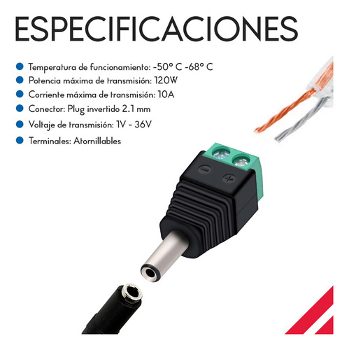 2pz Conector Dc Macho 2.1mm X 5.5mm 12ow, 10a Power Jack Adaptador Cctv Color Negro Diler