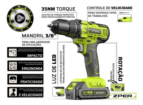 Zper Parafusadeira Furadeira De Impacto Profissional 21v