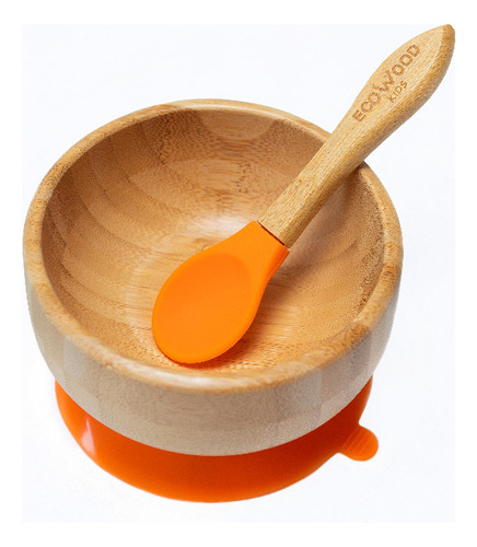 Tazón Y Cuchara Para Bebé De Bambú Ecowood Base Silicona Color Naranja Bowl Bambú