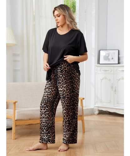 Conjunto De Pijama Con Estampado De Leopardo De Talla Grande