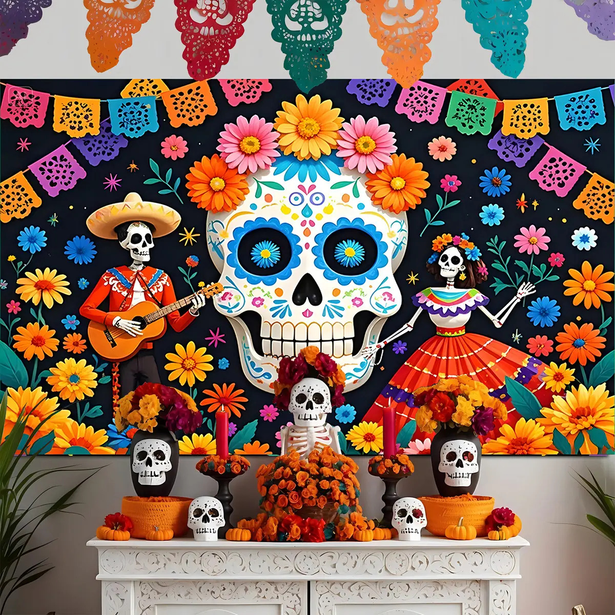 Fondo FotogrĂĄfico DĂa de Muertos con Calavera de AzĂșcar para DecoraciĂłn y Sesiones de 1.5x2.1 m