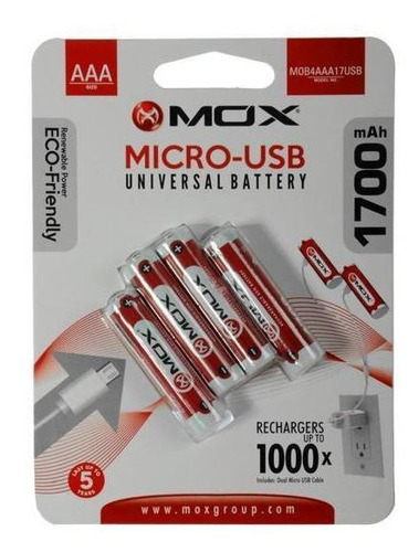 Pilha Recarregável Aaa Mox Carrega Via Usb 1700mah - 4 Uni