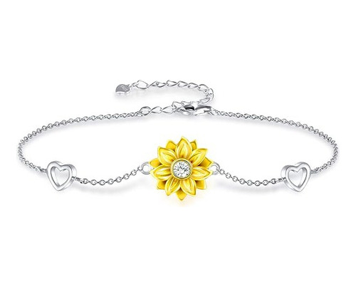 Pulsera Girasol Plata 925 Corazón Regalo Joyas De Mujer