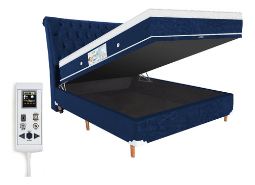 Colchão Magnético Casal 1,38x1,88 Massageador Cromoterapia Energia Bio Quântica Infra Vermelho + Cama Box Bau Cabeceira Cor Azul