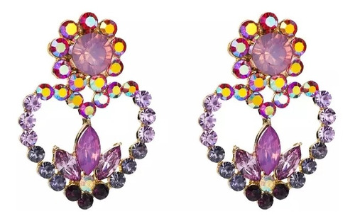 Aretes De Corazón De Pedrería Con Cristales Lila Moda Corean