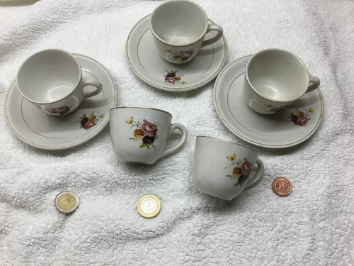 Lote De Cerámica 4 Tazas Cafe + 3 Platitos Vintage Borde Oro