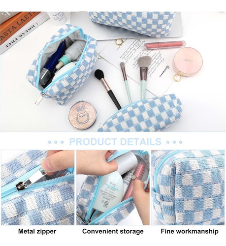 Bolsa De Maquillaje De 3 Piezas A Cuadros De Color Azul Blue